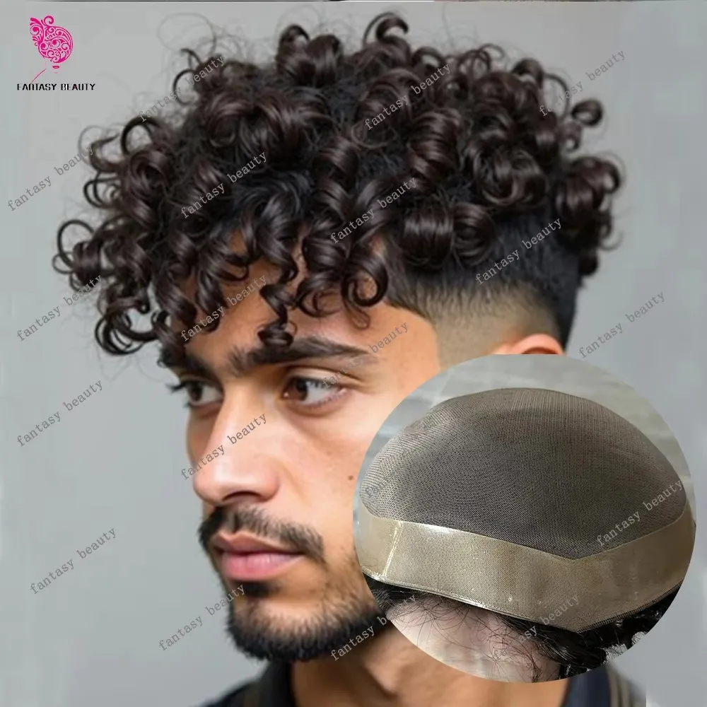 20mm Curly Fine Mono 100% Human Hair Capillary Prosthesis Black Light Brown Men's Hair Replacement System26mm Curly Natural Wig