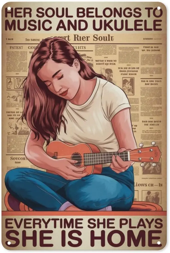 Ukulele Player Tin Sign  Bohemian Music Metal Wall Art for Dorm & Eclectic Studio Decor