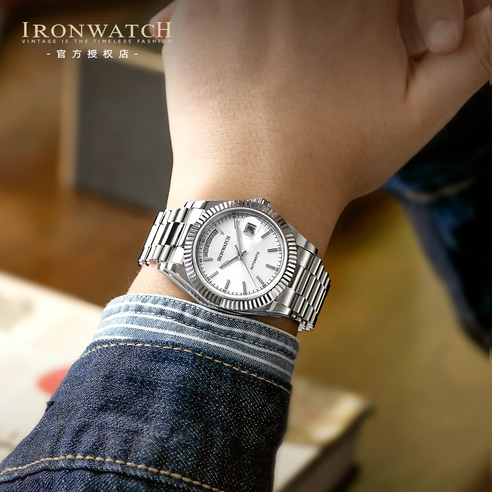 IRONWATCH-Relógio Mecânico Automático Masculino, 316 aço inoxidável, safira cristal, luminoso, impermeável, Day-Date, BGW9