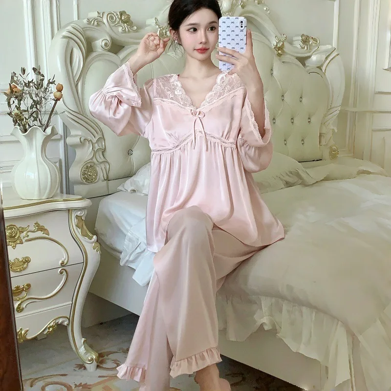 

2PCS Ice Silk Pajamas Set Spring Autumn Womens Lace V-Neck Top Pants Pyjamas Homewear Long Sleeve Sleepwear Intimate Lingerie