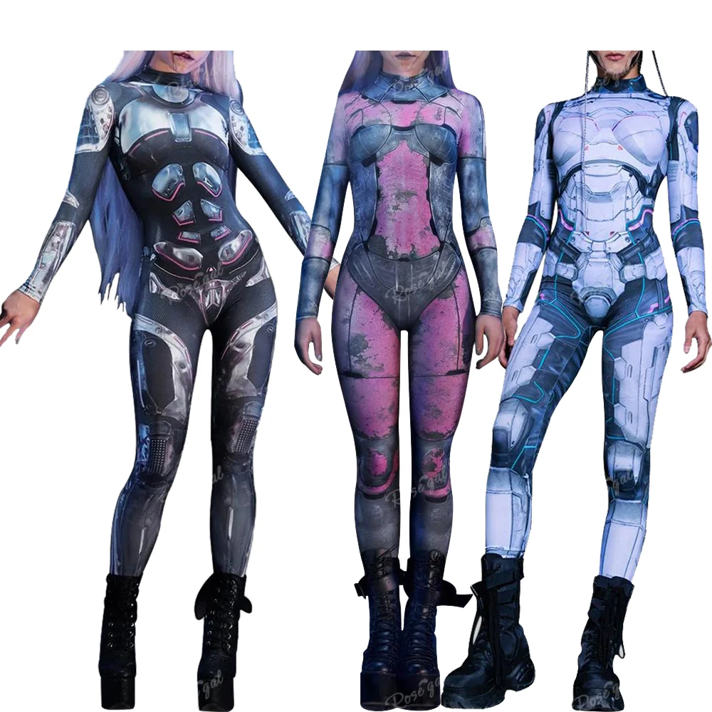 Gothic Women's Jumpsuit Distressed Rusty Steel Armour Print Bodysuit, Crew Neck, Long Sleeves, Casual 3D Graphic Jumpsuits, S-XL