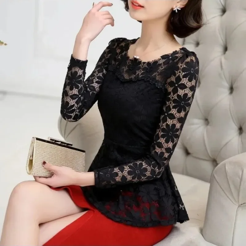 

Women blusas blusa longa camisa feminina vintage long sleeve lace blouse plissado topo chemise femme Plus Size S-5XL
