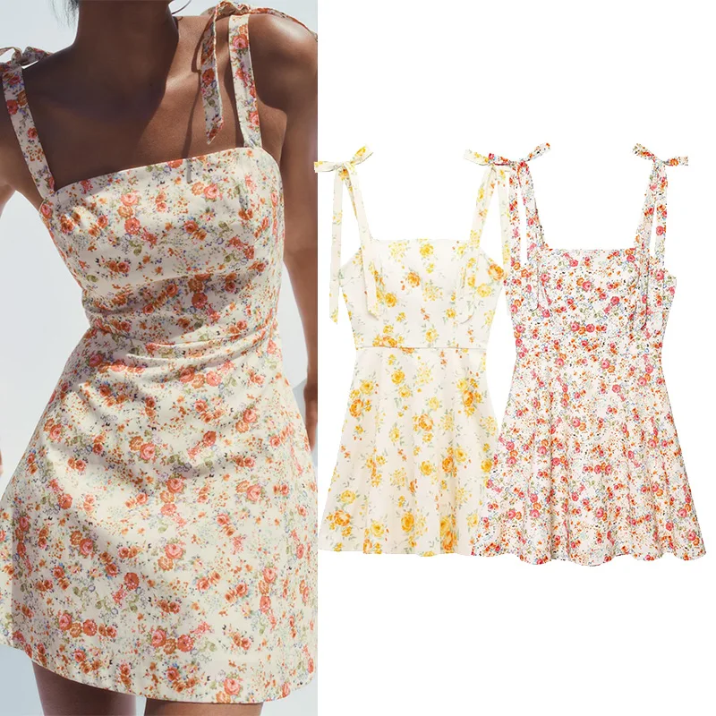 

TRAF Women Floral Print Short Dress With Bow Sexy Backless Sleeveless Beach Style Women's Dress Wave style Hem Female Dresses