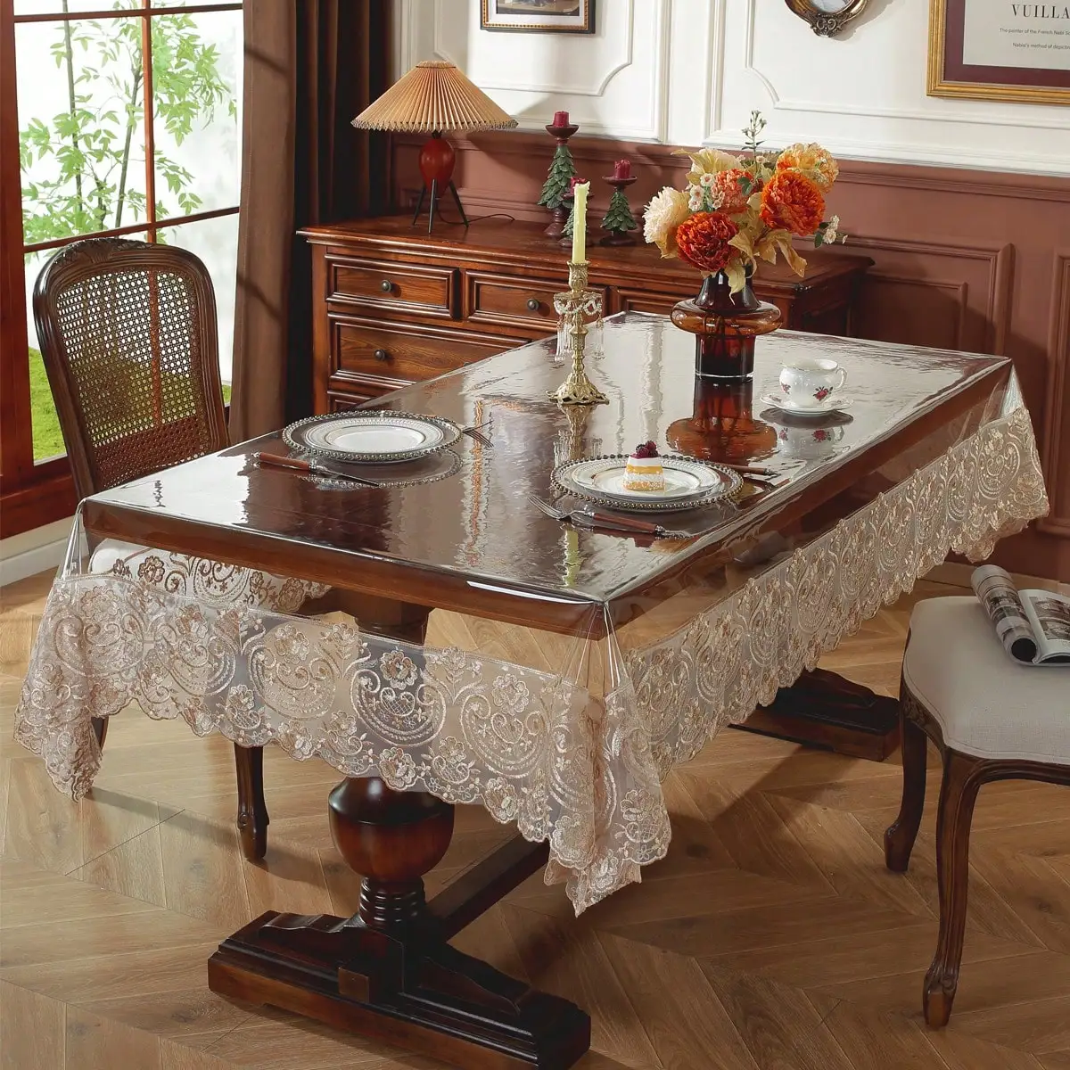 

Waterproof Luxury European Style Embroidered Lace Edge Tablecloth - 1pc PVC And Lace Blend Rectangle, Oil-Resistant,