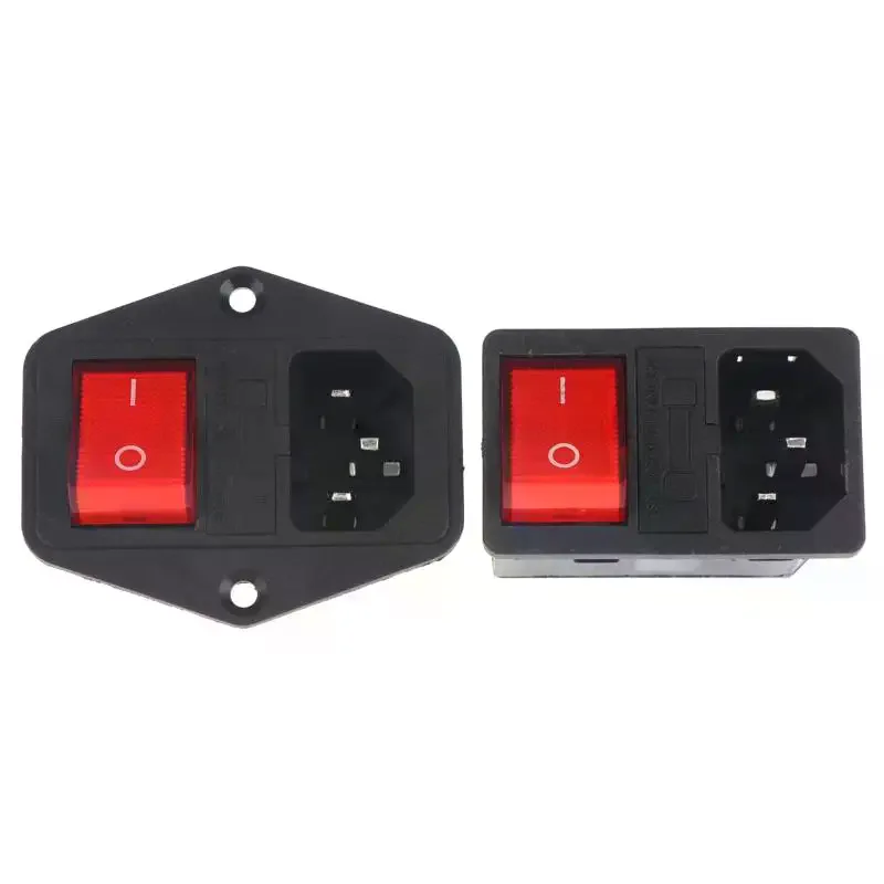 IEC320 C14 Electrical AC Socket 3 Pin Red LED 250V Rocker Switch 10A Fuse Female Male Inlet Plug Connector Embedded Socket Mount