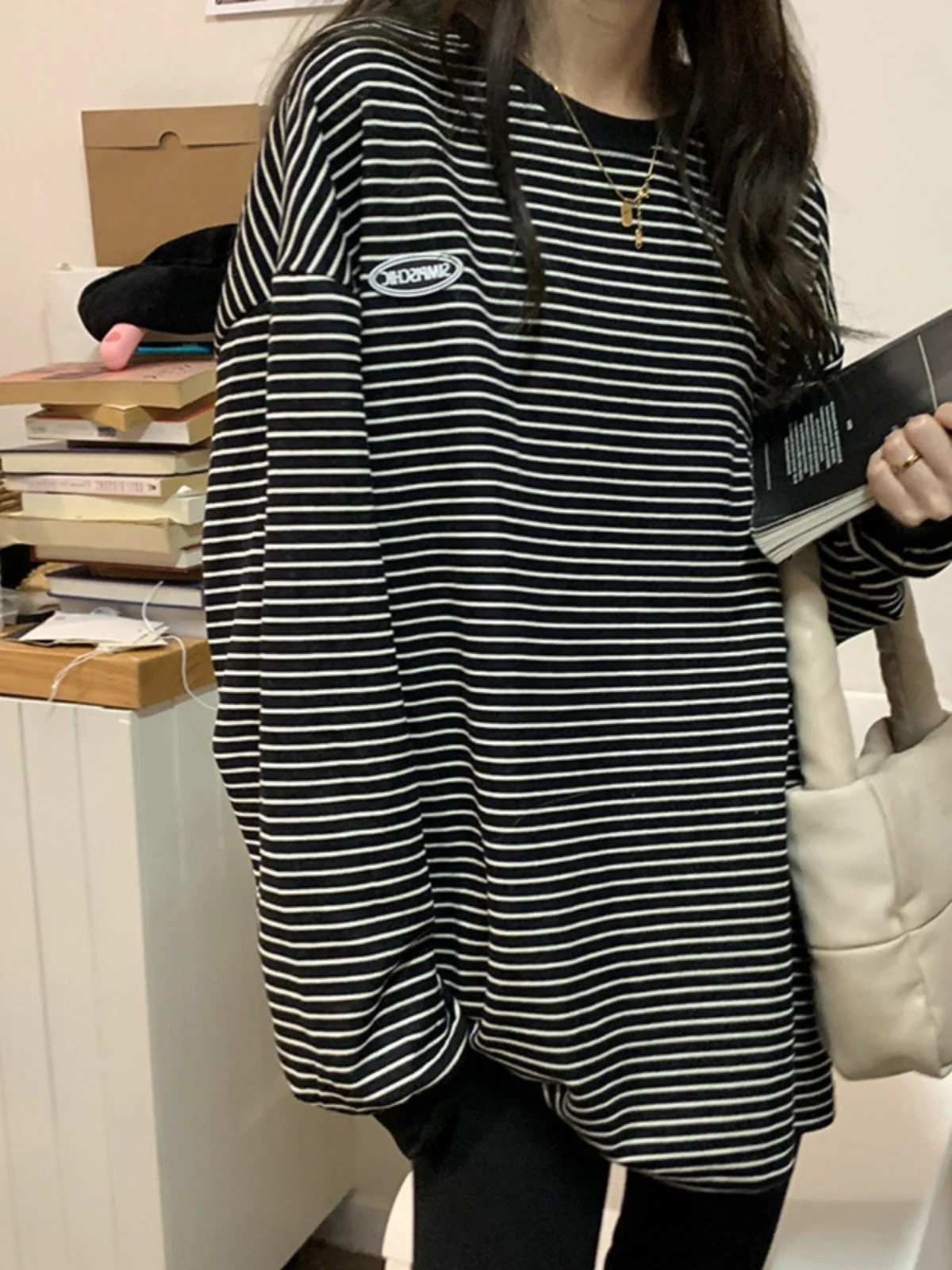 Dames gestreept lang Sve round Ne T-shirt Base irt Koreaanse Sle Top herfst nieuwe collectie comfortabel losvallend sweatshirt