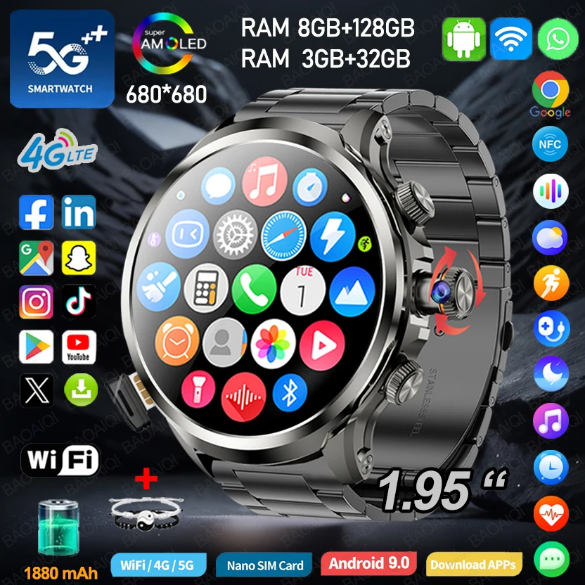 

5G/4G Full Network Smart Watch 1.95 inch 680*680 AMOLED Screen 8GB+128GB RAM Video Call Google Play WIFI NFC GPS Smartwatch+Box