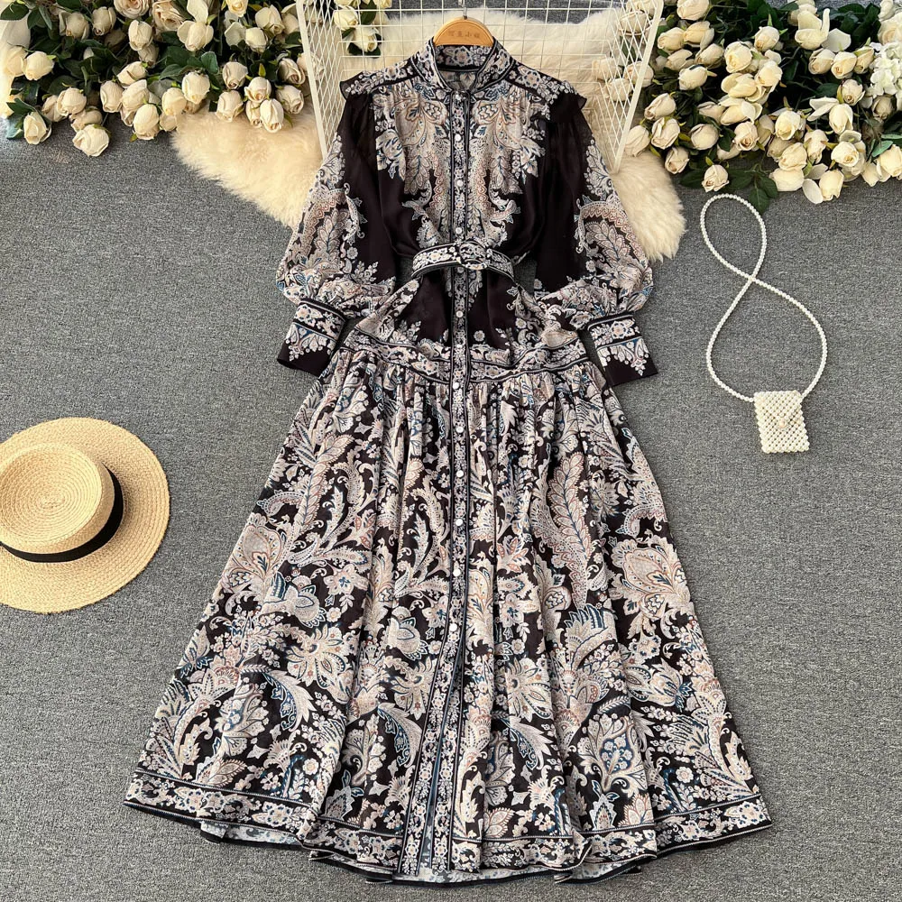 Autumn New Fashion Long Sleeve French Palace Maxi Dress Women Printed Elegant Party Vestido Feminino J058