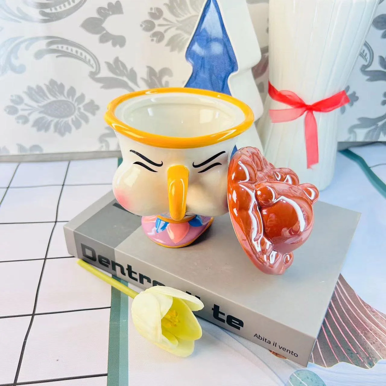 Beauty And The Beast Mug Creative 3D Cartoon Chip Ceramic Cup Large Capacity Kawaii Chip Tea Coffee Mug With Lid Decor