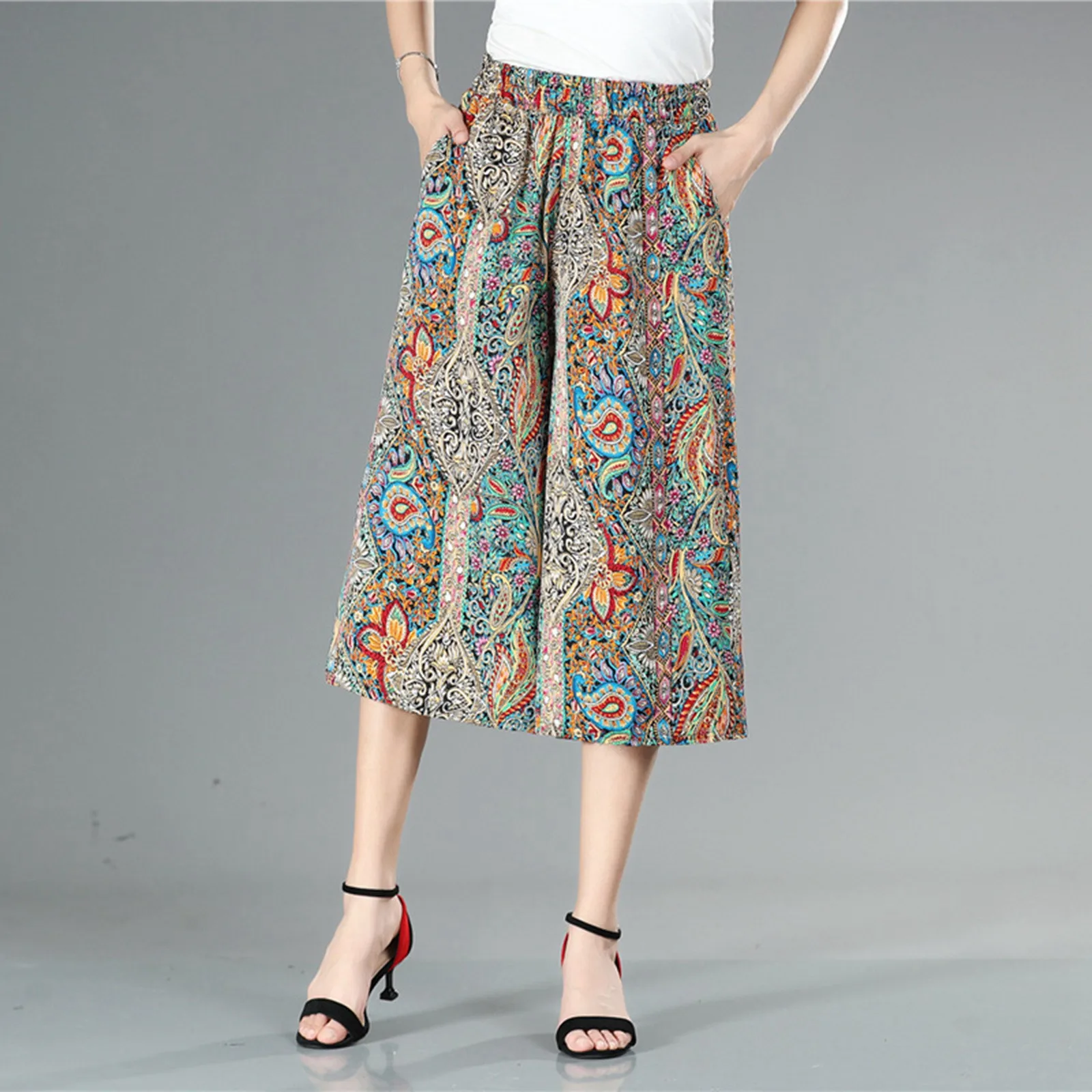 

Women's Fashionable Printing Pant Elastic Waist Thin Wide Leg Pants High Waisted Loose Caual Elegant Temperament Skirt Pants