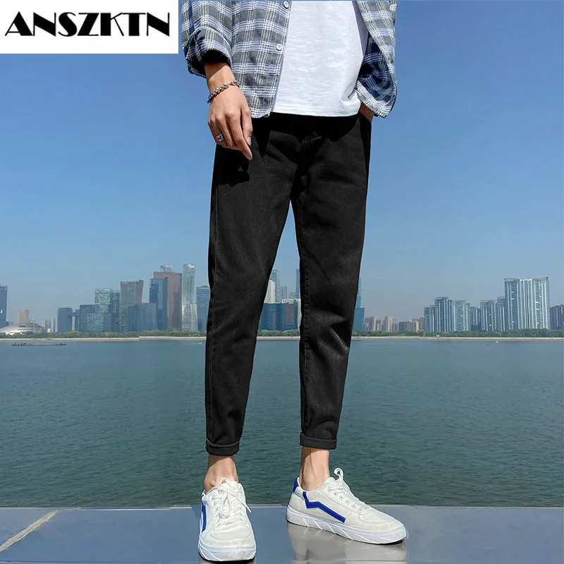 ANSZKTN Spring and autumn new light color cropped jeans men's ins tide brand slim small foot  wild Hong Kong style trend