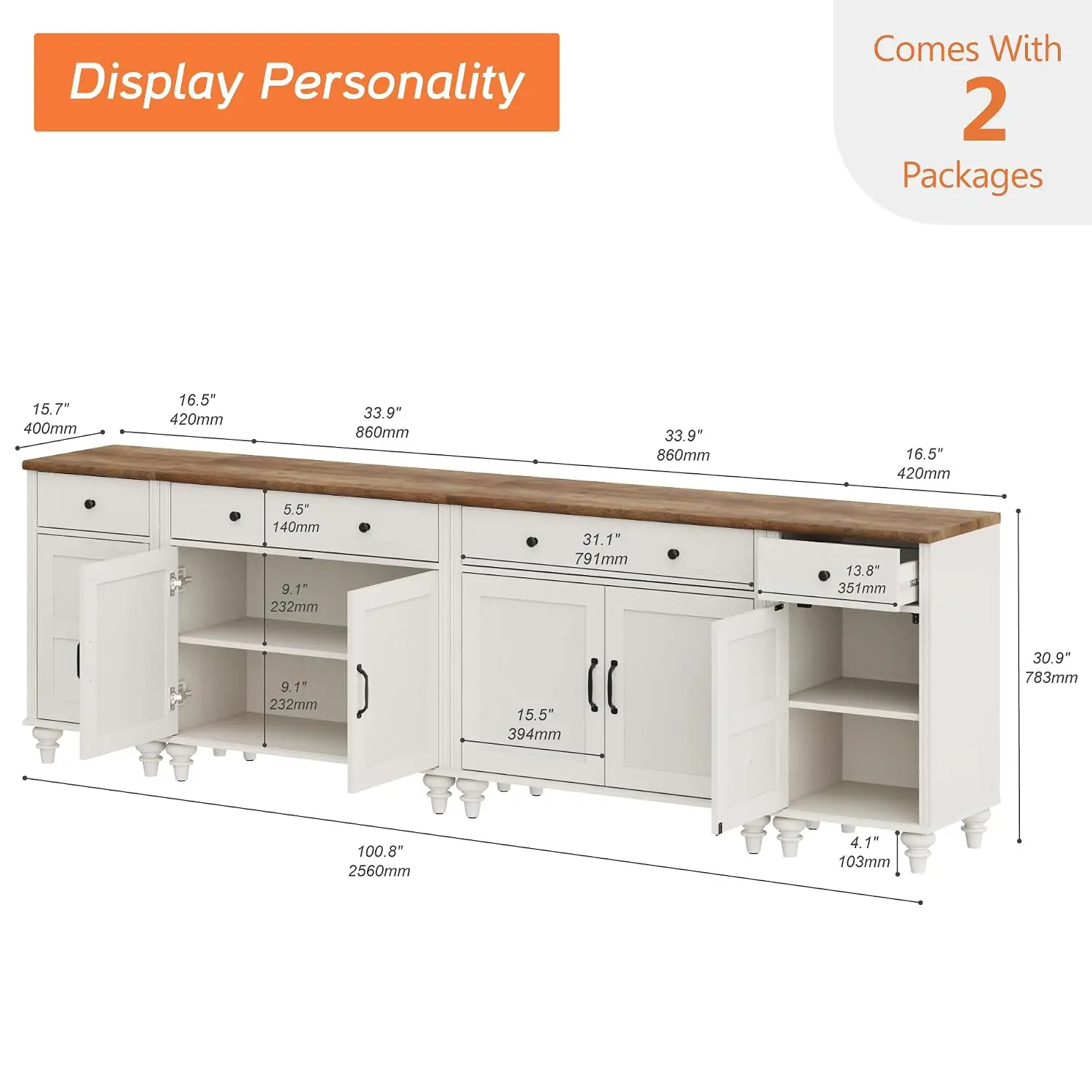 Farmhouse TV Stand Console Entertainment Center Charging Station Sideboard Buffet Cabinet 100 Inch TV White, Customized