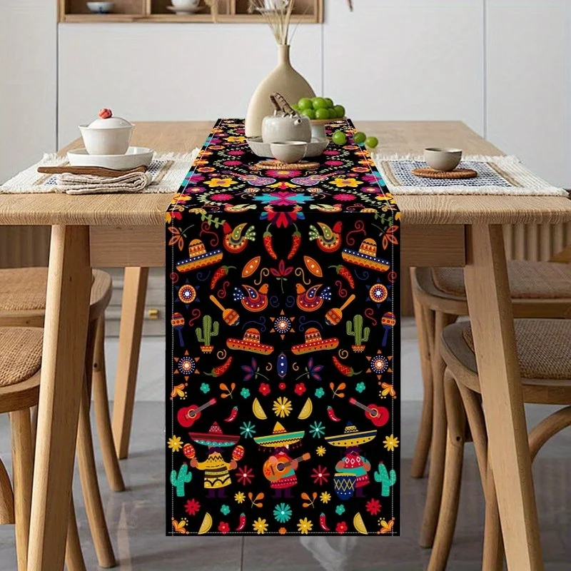 Mexican Day of The Dead Cactus Sombreros Table Runner Party Decor Reusable Kitchen Dining Table Runner Day of The Dead Decor