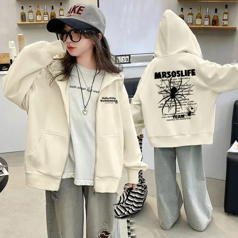 American Streetwear Oversized Zipper Hoodie for Tween Girls 2025 Autumn Winter School Casual Spider Graphic Jacket