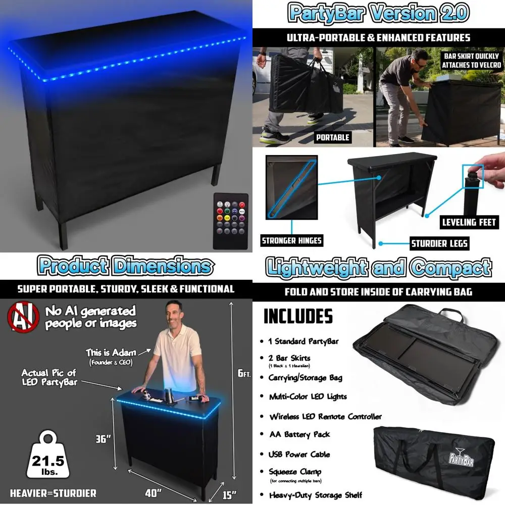 portable folding bar with led lights, wireless remote, dual bar skirts, storage shelf, and carrying case - black for outdoor ent