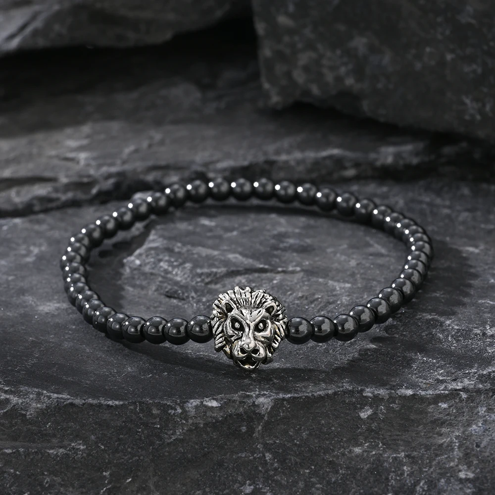 MinimalistJewelry Black Copper Cylindrical and Diamond Iron Gallstone Bracelet with Lion Head Protection Trendy Bracelet for Men