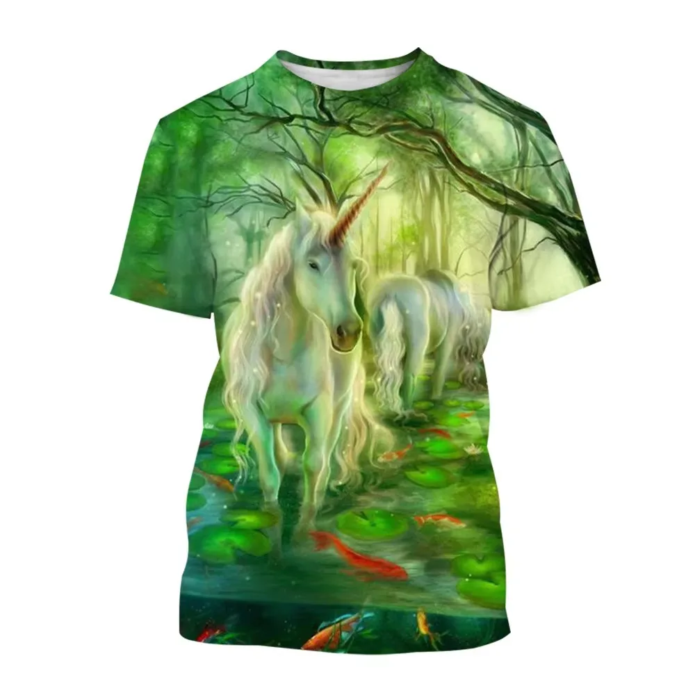 Men Unicorn Forest T Shirt Magical Horse Fantasy Graphic Short Sleeve Casual Tee
