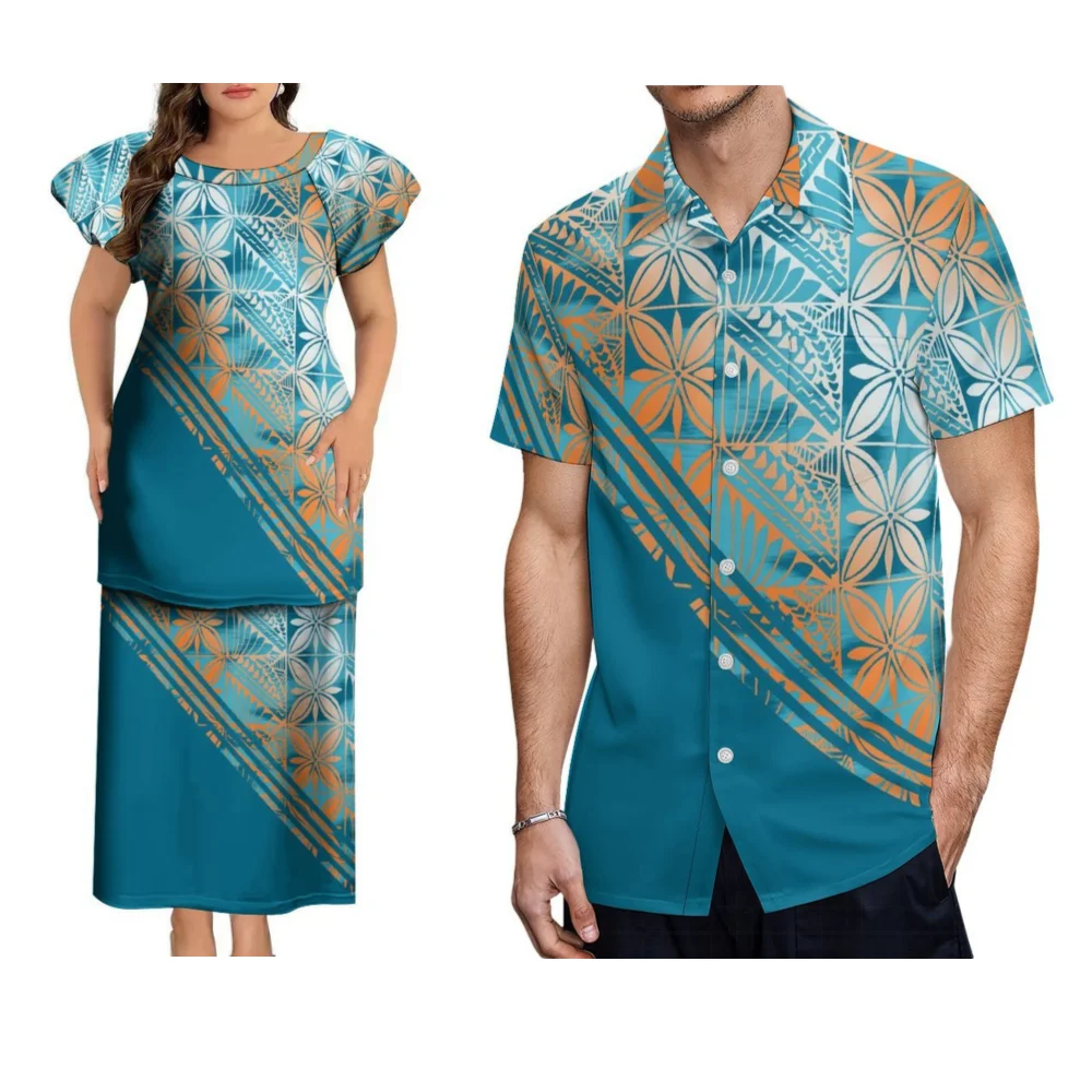 여름 라운드넥 캐주얼 폴리네시안 플레타시 커플 고품질 맞춤 제작 롱 드레스 이브닝 가운 사모아 커플 남성 셔츠