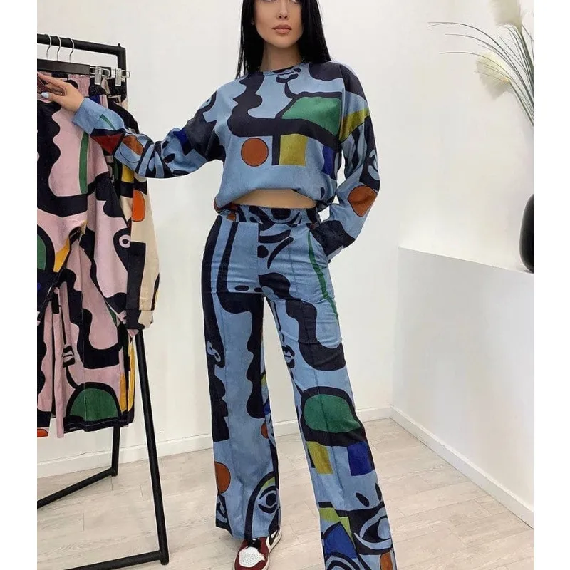 

Повседневный комплект из двух предметов с принтом граффити, свободный пуловер с круглым вырезом и длинными рукавами, топ, прямые брюки с эластичной резинкой на талии, женский весенний новый комплект