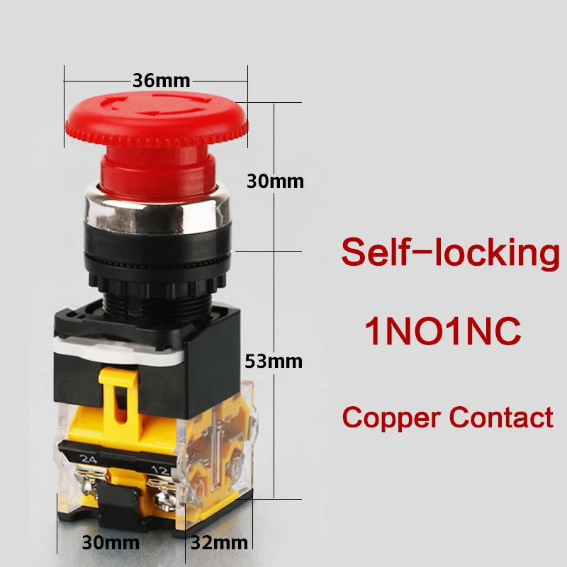 1pcs 22mm Mushroom Head Emergency Stop Switch Button Self-locking LA38-11ZS Stop Emergency Power 1NO1NC Copper or Silver Contact