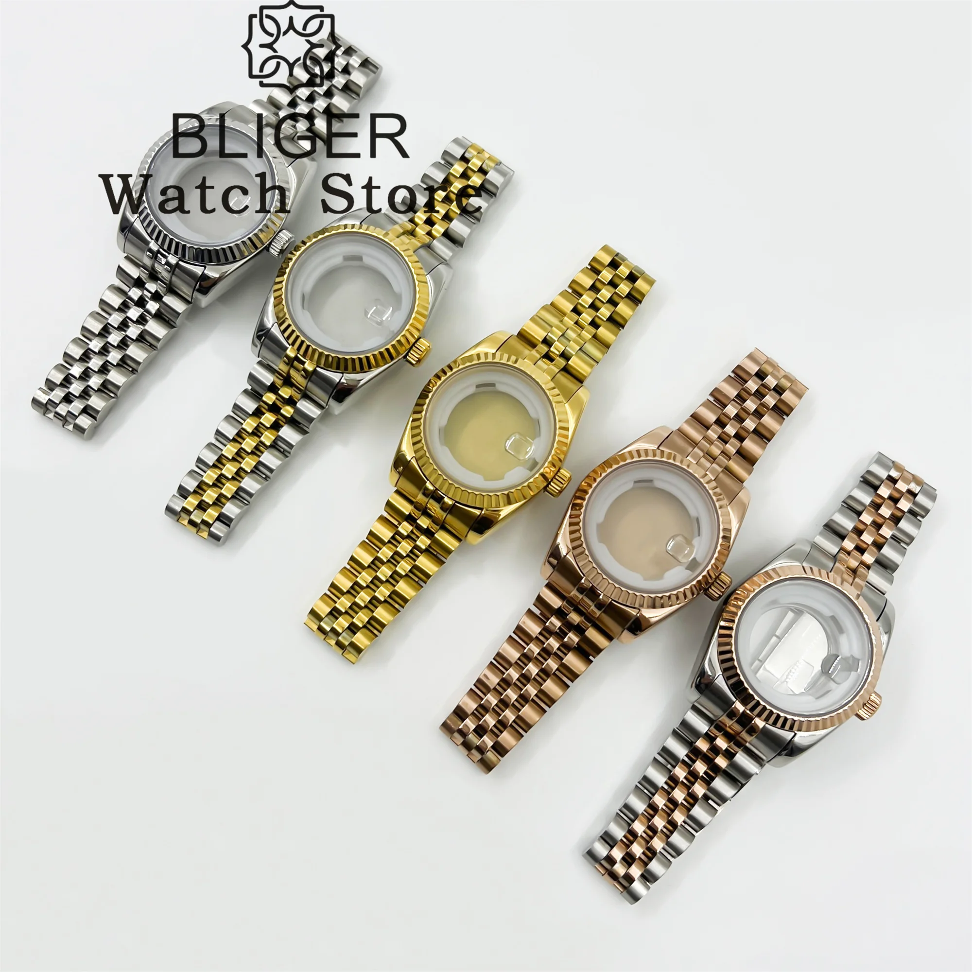 BLIGER 31mm High Quality Ms. watch Case Rose gold/gold Coated Case Sapphire Glass Stainless Steel Strap For NH05 NH06 Movement