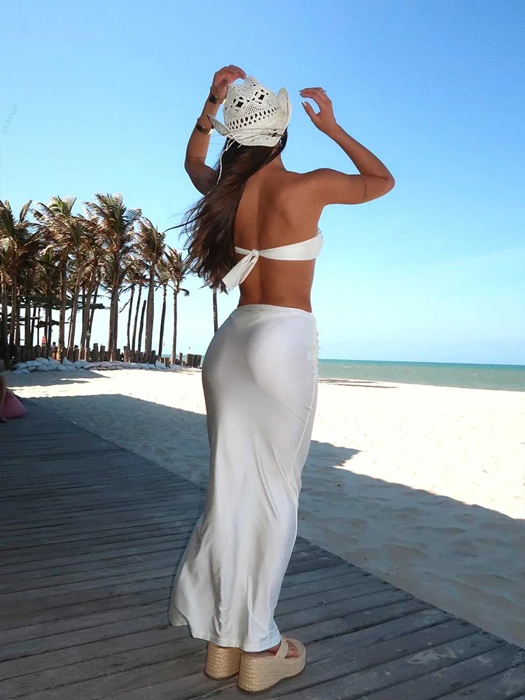 Bandeau 3 Piece Bikini Set Women White High-waisted Swimwear 2025 Beach Suit Sexy Bathing Suit with Long Skirt Resort Wear S202