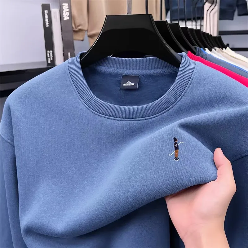 High end brand men thick plush pullover sweater autumn and winter new style exquisite embroidery casual warm round neck sweater