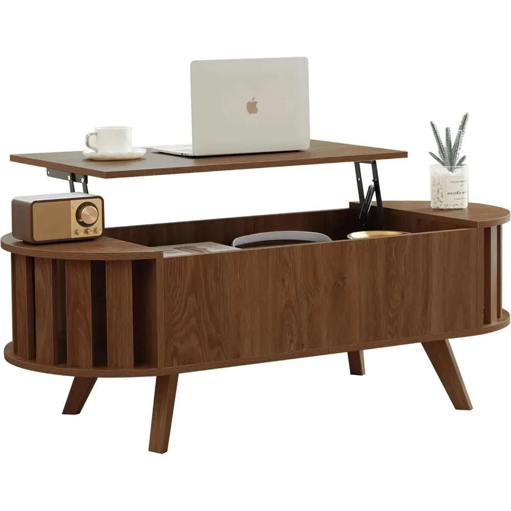 Mesa de centro con tapa de madera con almacenamiento oculto, mesa elevadora ovalada de 47,24 pulgadas, mesa de té baja con diseño de perfil curvo para sala de estar, oficina