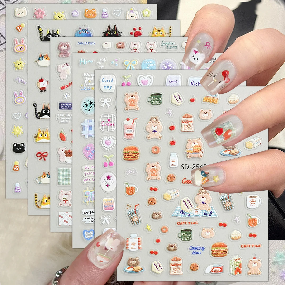 3/6/12 Blatt 5D Jelly Cartoon Nail Art Aufkleber Set, geprägte süße Bär Katze Erdbeere Nagelaufkleber für Nageldekoration