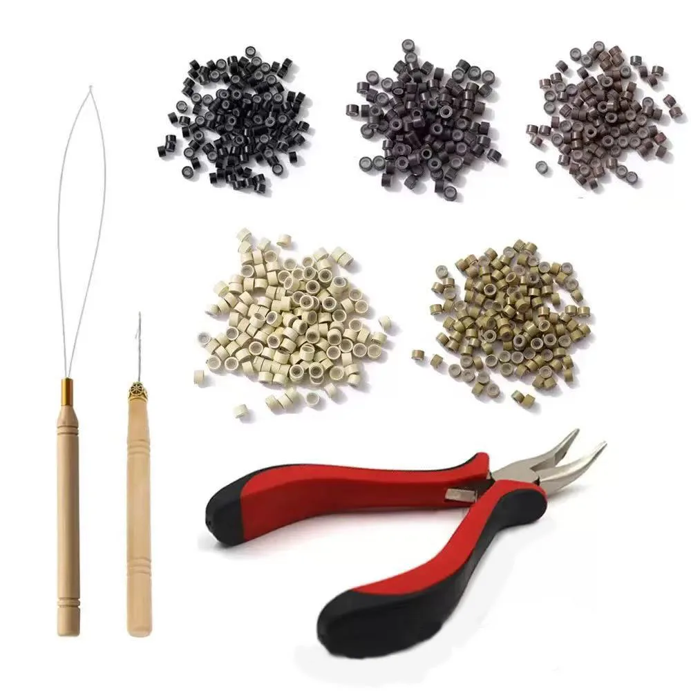 500PCS Silicone Rings Hair Extension Kit Pliers Pulling Hook Device Tool Kits Quick And Easy Suitable For Various Hairstyles
