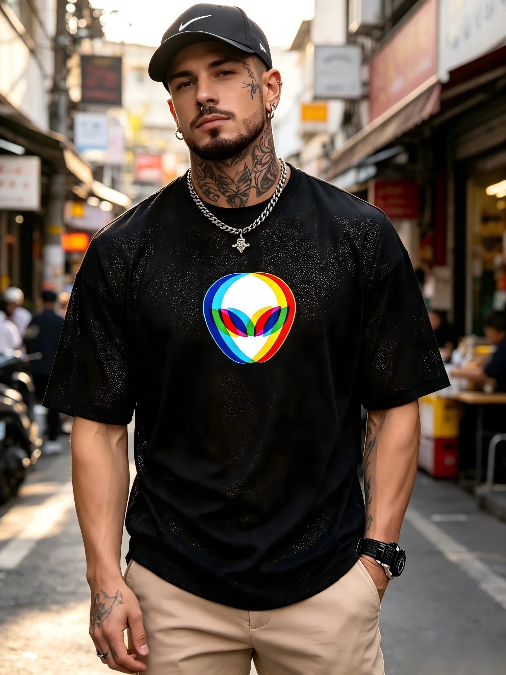 Psychedelic Colorful Alien Graphic Men Mesh Athletic T-shirt Lightweight Quick Dry Outdoor Summer Top