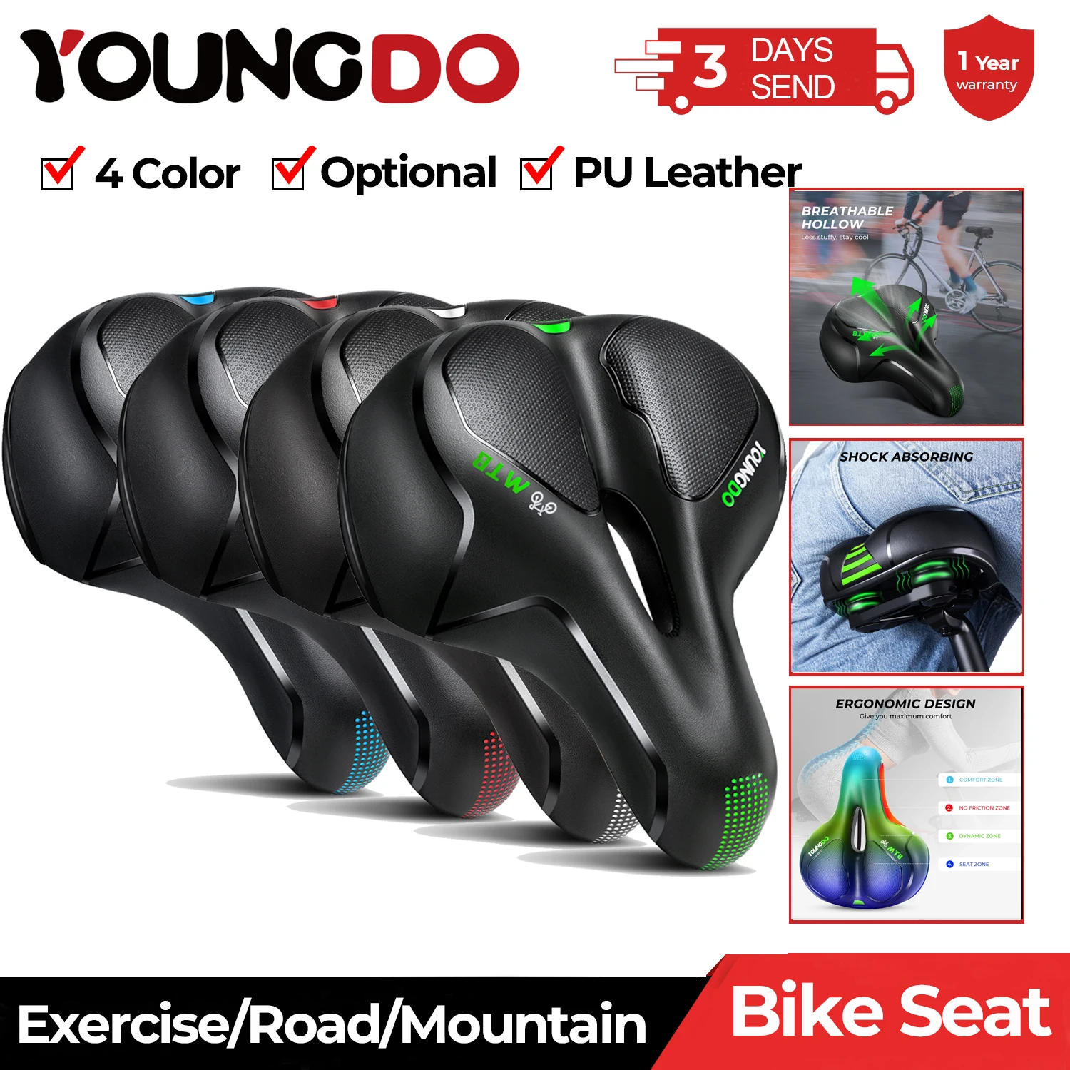 

YOUNGDO Bike Seat Saddle PU Leather Gel Wide for MTB Mountain Road Bike Shock Absorbing Professional Bicycle Cushion Accessories