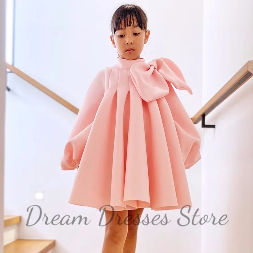 Cute High Neck Flower Girl Dresses Long Lantern Sleeve A-Line Mini Baby Birthday Dress with Pink Large Bow Girls Custom Gowns