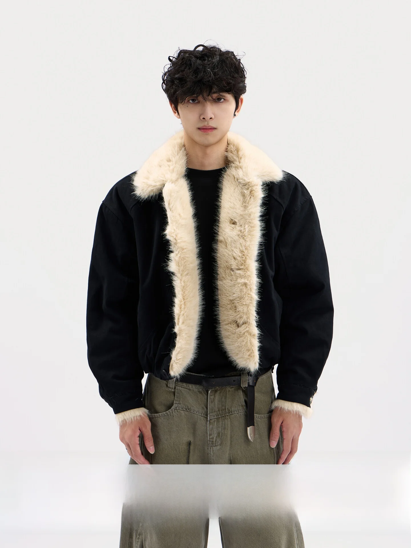 

American Retro ort Thiened Fur Collar Men's Winter Coat Warm Casual Sle Pure Color Cotton Jaet for Youth