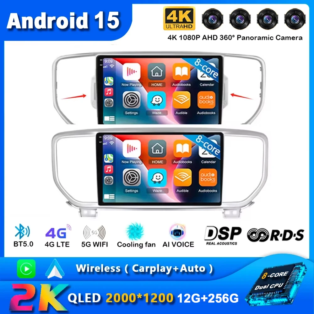 

Android 15 Car Radio Carplay For Kia Sportage 4 QL 2018 - 2022 Navigation GPS Multimedia Player stereo wifi+4G Auto BT 360Camera