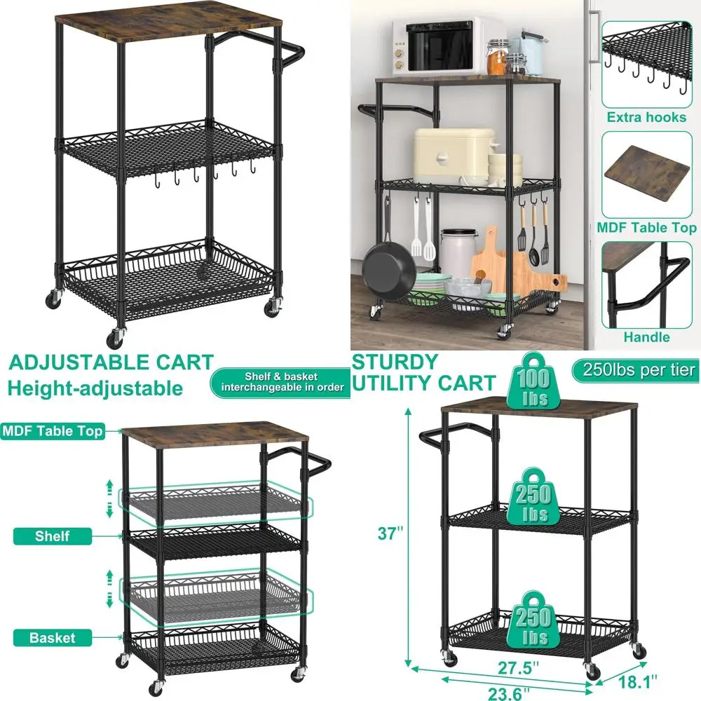 

3-Tier Metal Rolling Kitchen Cart with Wooden Top, Heavy-Duty Storage for Pantry, Bar, and Microwave, Black