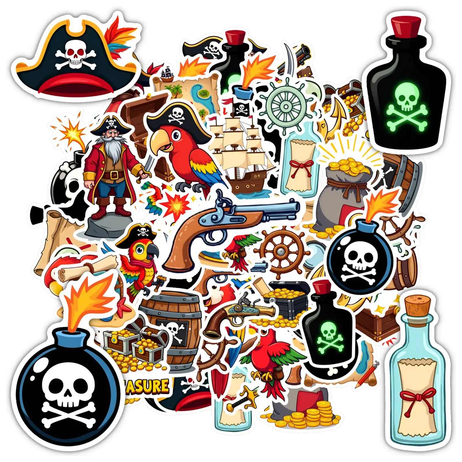 35pcs-50pcs Nautical Pirate Stickers Whimsical Treasure DIY Stickers Skull Stickers For DIY Phone Laptop Scrapbook Bike Guitar
