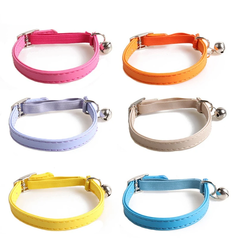 Collar lindo para gato color macarrón, Collar para gato con correas elásticas, Collar pequeño ajustable de Color PU con campanas para cachorros y gatos