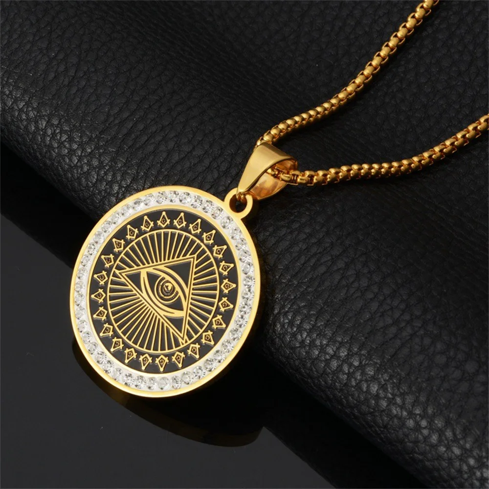 

Punk Mason Masonic All See Eye Pendant Gold Color Stainless Steel Round Necklaces for Men Freemason Fashion Jewelry Male Gift