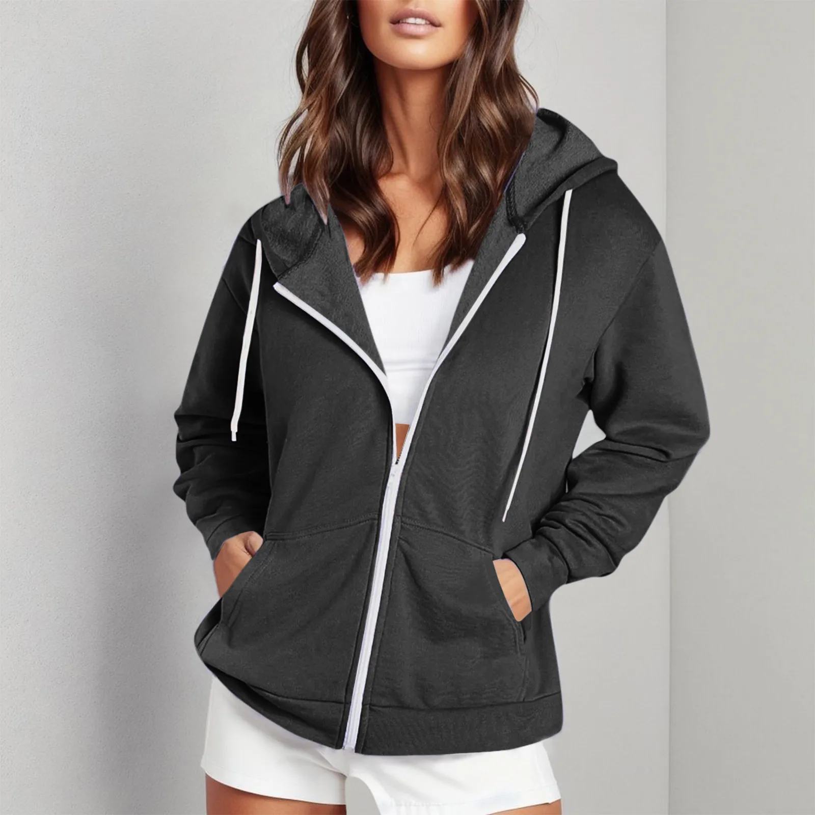 

Autumn New Oversize Zip Up Hoodies For Women Casual Solid Hooded Sweatshirt Harajuku Fashion Loose Hoodie Jacket Coat Streetwear