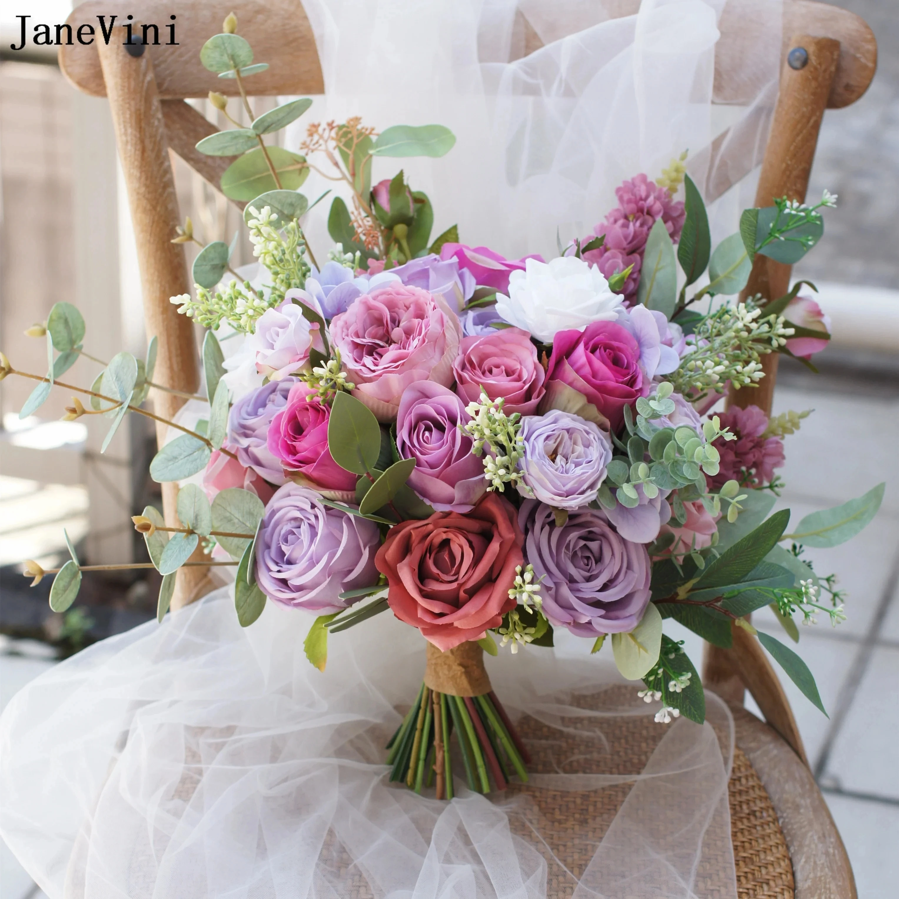 JaneVini 2024 Pink Purple Bridal Flower Big Wedding Bouquet for Bride Synthetic Large Artificial Roses Bridesmaid Hand Flowers