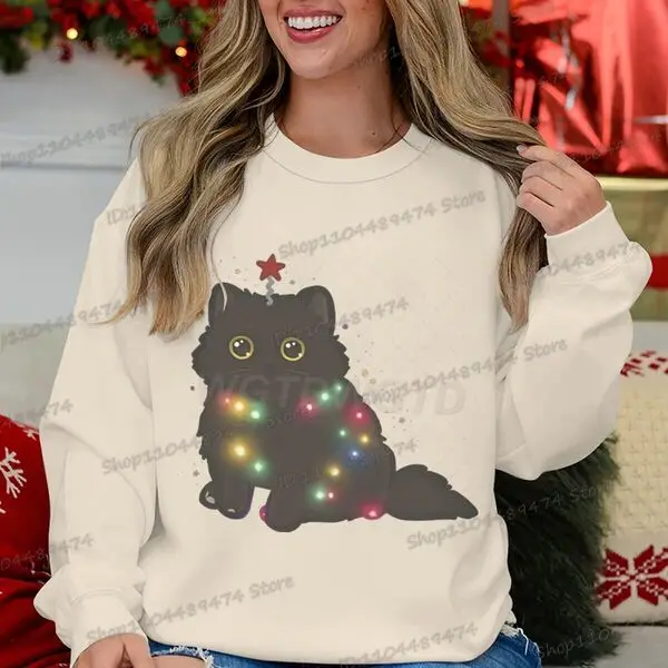 Cartoon Christmas Cat Sweatshirts Animal Lover Men Women Y2K Sudaderas Autumn Winter Aesthetic Merry Christmas Pullover Tops
