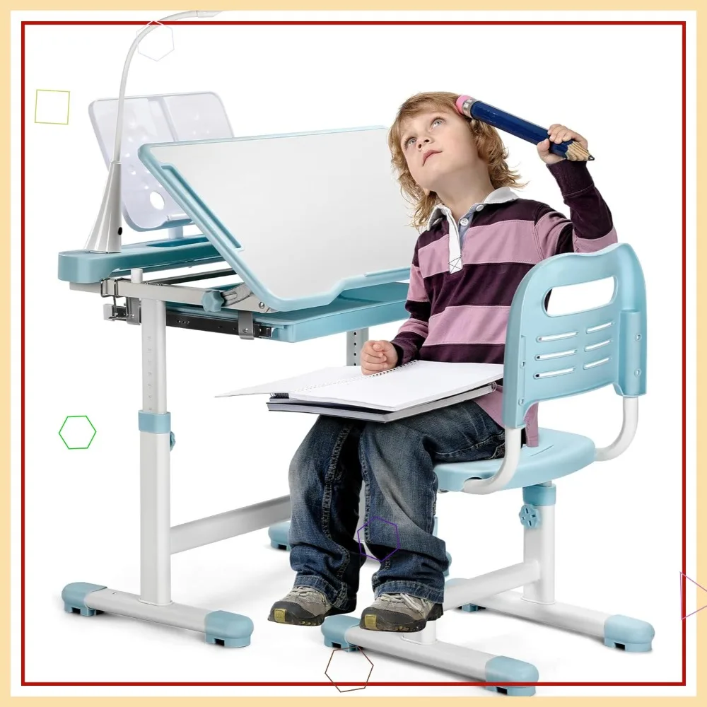 

Adjustable Kids Desk and Chair Set with Tiltable Desktop, LED Light, Storage Drawer & Hook for Boys Girls (Blue)
