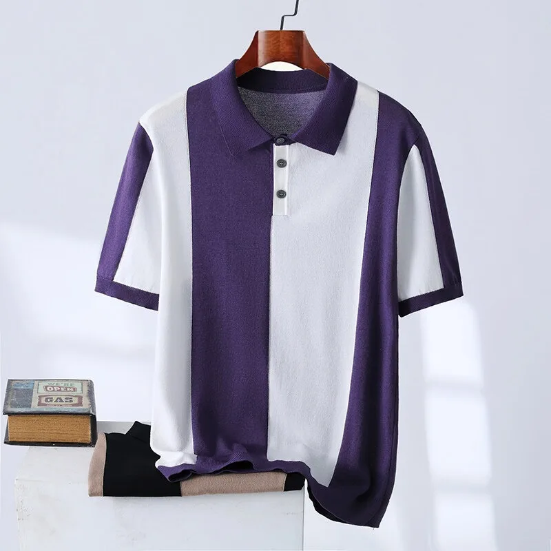 High-quality Color Blocked Striped Knitting Men's Polo Shirts Summer Thin Ice Silk Breathable Lapel T-shirt Business Casual Tees