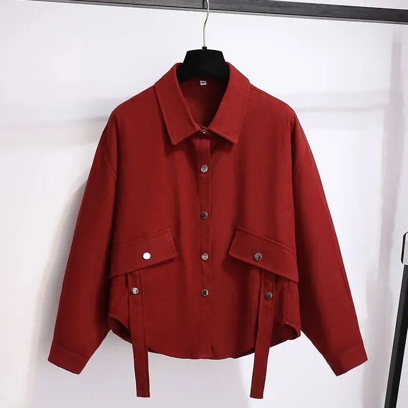 Wine Red Bat Long Sleeve Shirt Coat Women Spring Autumn 2024 New Loose Fashion Thin Pockets Western Style Blouse Ladies Top W370