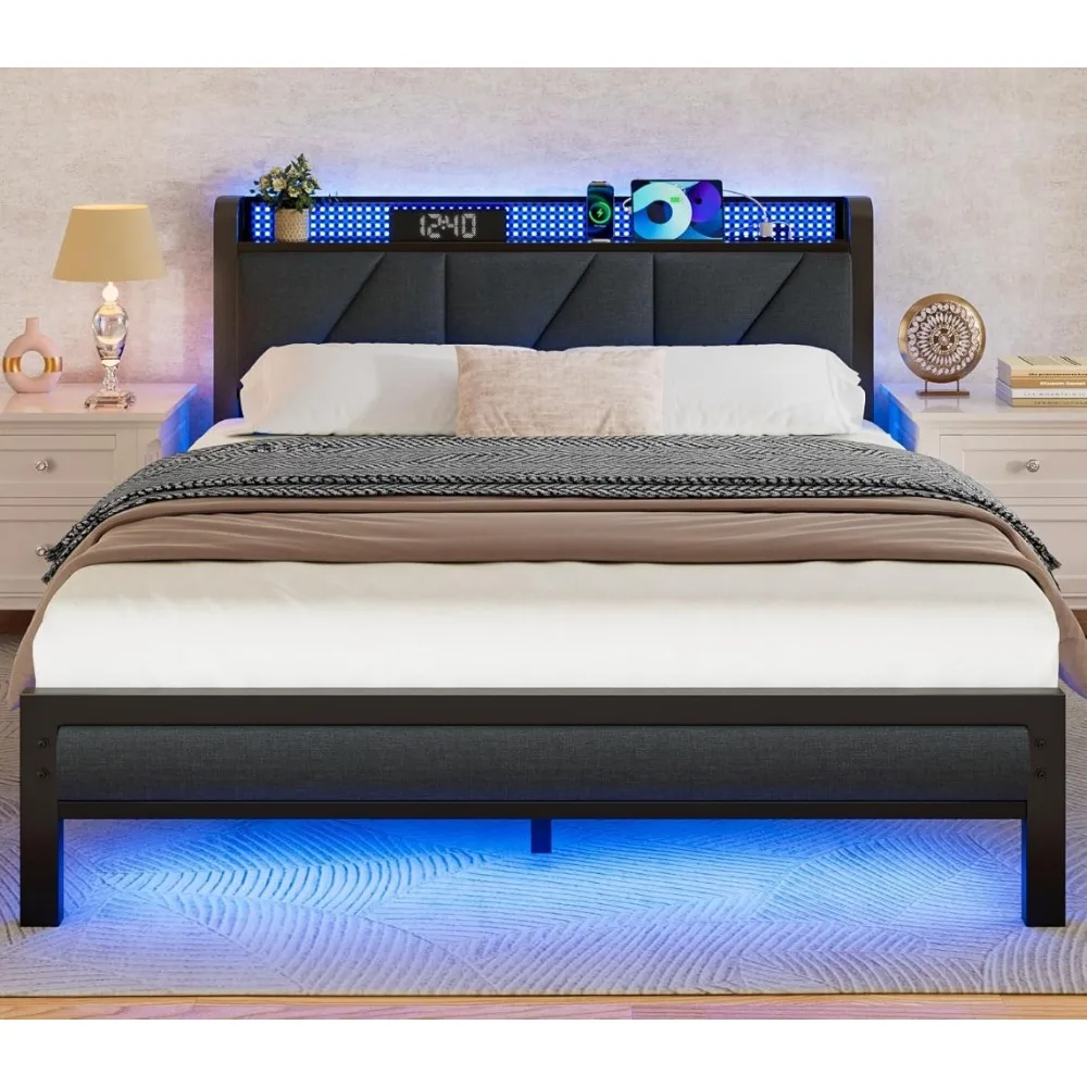 Queen Size Bed Frame with Headboard and LED Lights,Upholstered Bedframe with Charging Station and USB Port, Platform Metal