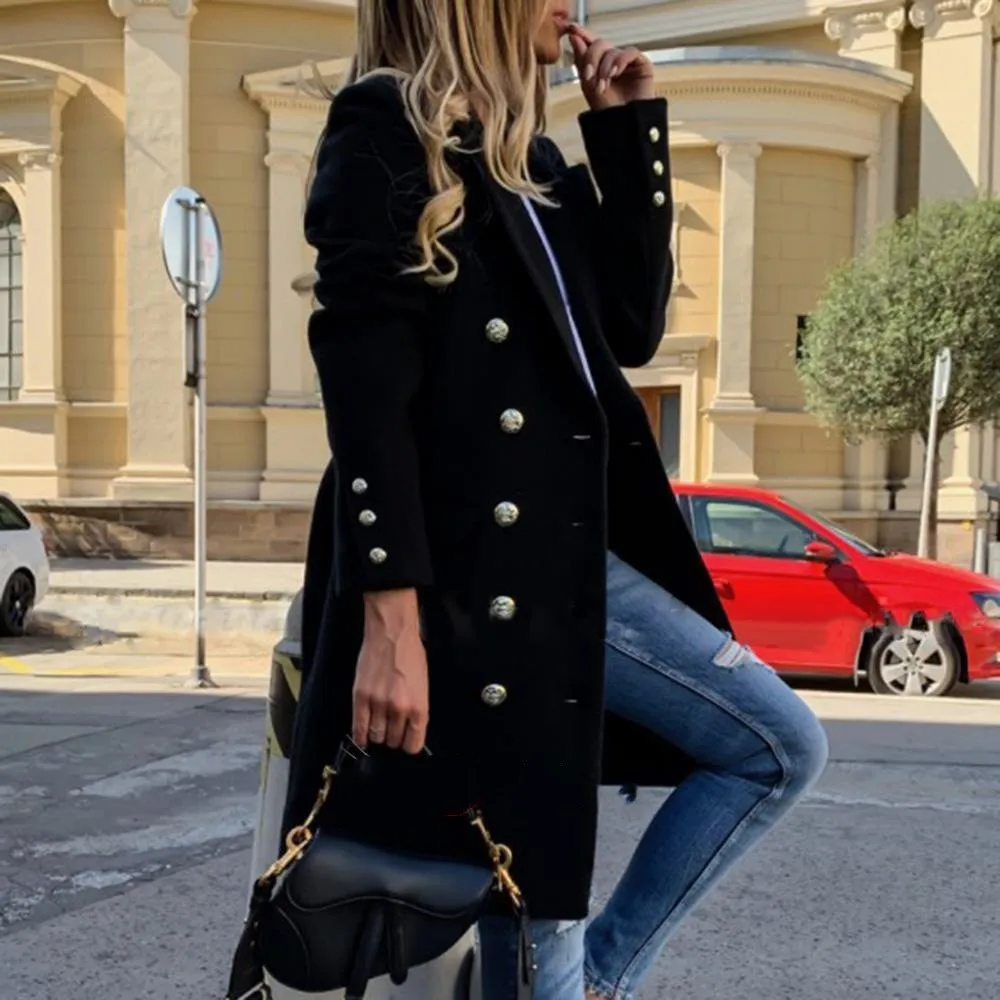 Fitted Patchwork Coat Commuter Elegant with Medium Weight Double Breasted Notched Lapel Midi Length Long Sleeve Women Coat