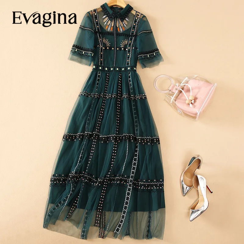 

Evagina New Fashion Runway Designer Women's Flip Collar Short Sleeved Embroidered Temperament Green Mesh Dress