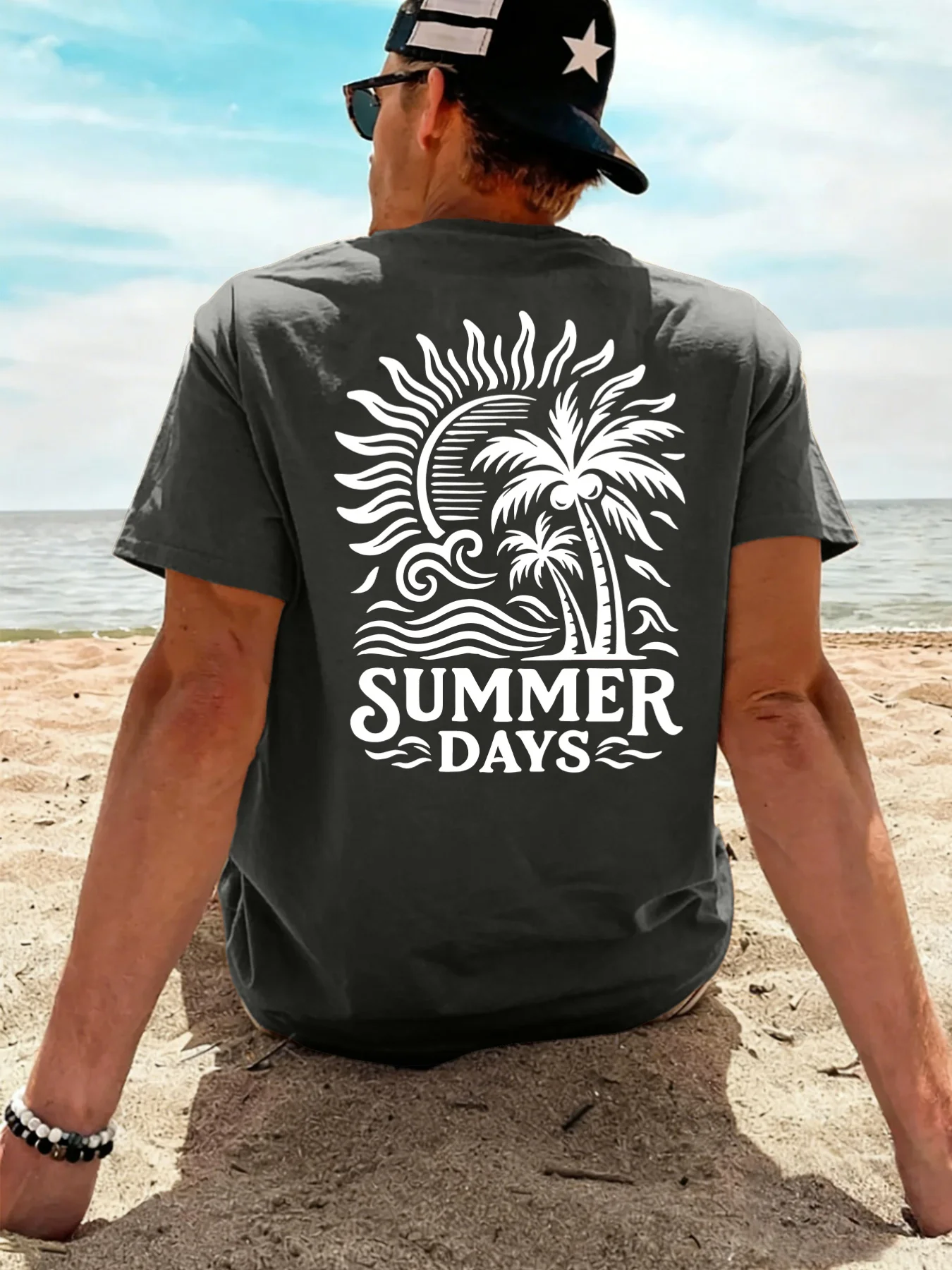 2026 Summer Best-selling Street Casual Fashion Soft and Breathable Simple Coconut Tree Print Men's Pure Cotton T-Shirt