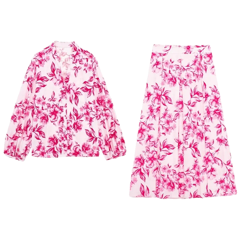 

Spring 2024 New Women's Floral Print Blouse Skirt Set Faionable Semi-Body Skirt Ensemble for Ages 25-35 Years Old